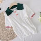 Lapel Color Panel Knit Pearl Short-sleeve Top White - One Size