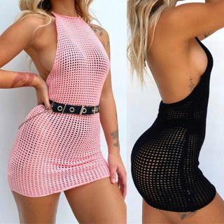Halter-neck Fishnet Mini Bodycon Dress