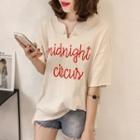 Elbow Sleeve Faux Pearl Accent Letter Embroidered T-shirt
