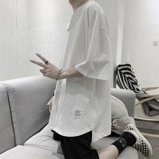 Plain Short-sleeve Slit-hem T-shirt