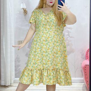 Plus Size Short-sleeve Floral Midi Smock Dress