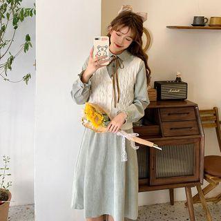 Long-sleeve Bow Midi Dress / Button-up Sweater Vest