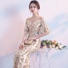 Sequined Off-shoulder Bell-sleeve Sheath Evening Gown