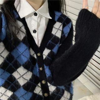 Argyle Cardigan Blue & Black & White - One Size