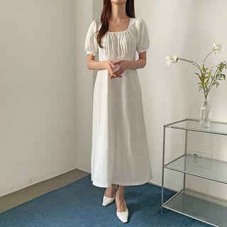 Square-neck Shirred Long Dress