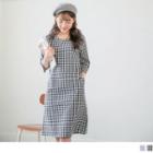 Elbow Sleeve Round Neck Check Shift Dress