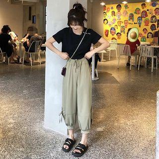 Buttoned Short-sleeve T-shirt / Drawstring Cropped Harem Pants