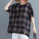 Elbow-sleeve Plaid T-shirt As Shown In Figure - One Size