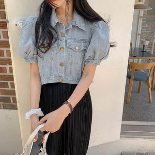 Balloon-sleeve Denim Blouse Blue - One Size