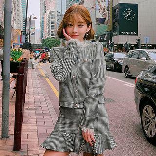 Set: Buttoned Houndstooth Jacket + Mini Mermaid Skirt