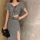 Set: Short-sleeve Striped Drawstring Crop Top + Slit Midi A-line Skirt