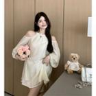 Balloon-sleeve Cold-shoulder Mini A-line Dress Almond - One Size