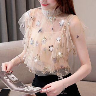 Set: Sequined Mesh Short-sleeve Top + Camisole Top