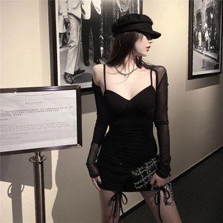 Plain Pleated Bow Skinny Dress / Mesh Cape Black - One Size
