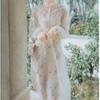 Set: Long-sleeve Midi Floral Chiffon Dress + Spaghetti Strap Dress