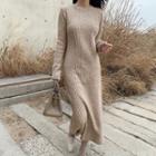 Crewneck Rib-knit Maxi Dress Beige - One Size