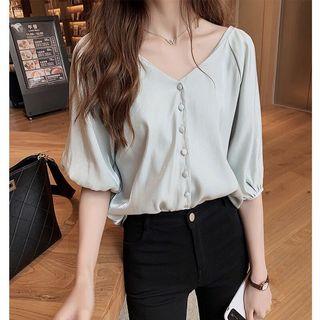 V-neck Single Breasted Elbow-sleeve Blouse