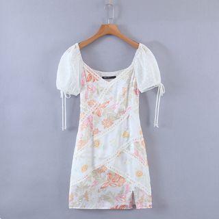 Puff-sleeve Floral Print Lace Trim Mini Sheath Dress