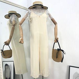 Set: Mesh Short-sleeve Top + Wide-leg Jumper Pants Top - White - One Size / Jumper Pants - Beige - One Size