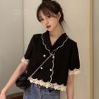Short-sleeve Lace Trim Double-breasted Shirt Black - One Size