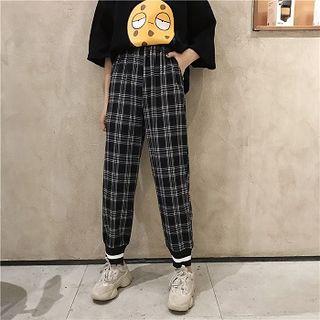 Color-block Plaid High-waist Fleece Cropped Pants