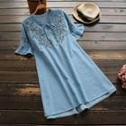 Short-sleeve Embroidered Denim A-line Dress