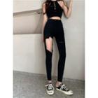Halter Cut-out Knit Top / High-waist Distressed Jeans