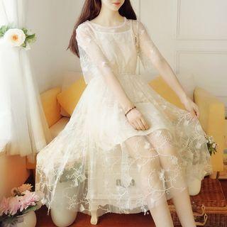 Short-sleeve Gather Waist Plain A-line Dress