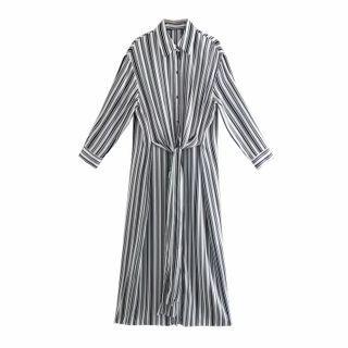 Long-sleeve Striped Tie-waist Midi Shirtdress