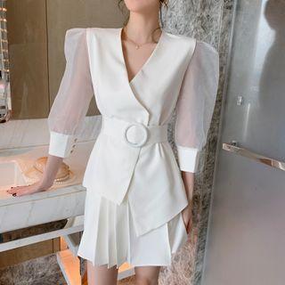 Set: V-neck Puff-sleeve Blouse + Mini A-line Skirt