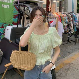 Short-sleeve Perforated Blouse Light Green - One Size
