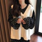 V-neck Knit Vest / Long-sleeve Dotted Maxi A-line Dress