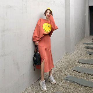 Set Of 2: Printed Long-sleeve Pullover + Side Slit Midi Skirt Tangerine Red - One Size
