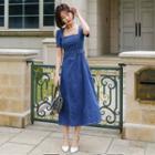 Square-neck Short-sleeve Midi A-line Denim Dress