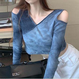 Long-sleeve Cold Shoulder Tie-dye Crop Top As Shown In Figure - One Size