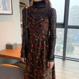 Long-sleeve Mesh Top / Spaghetti Strap Floral Print Midi A-line Dress
