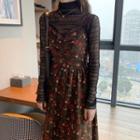 Long-sleeve Mesh Top / Spaghetti Strap Floral Print Midi A-line Dress