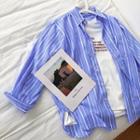 Color-block Striped Long-sleeve Blouse Blue - One Size