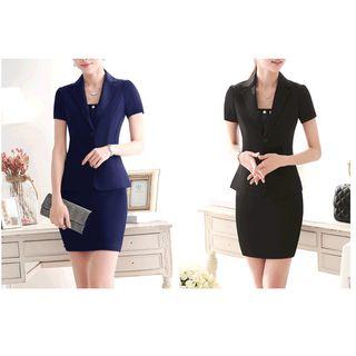 Short-sleeve Double Button Blazer / Set: Short-sleeve Double Button Blazer + Skirt
