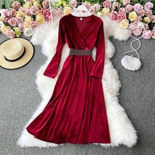 V-neck Velvet Plain Dress With Belt