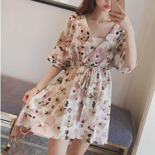 Floral Print Elbow Sleeve A-line Dress