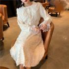 Long-sleeve Frayed Peter Pan Collar Ruffle Trim Dress As Shown In Figure - One Size