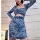 Long-sleeve Tie-dyed Cutout Sheath Dress