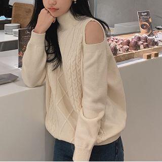 Mock Turtleneck Cold-shoulder Cable Knit Sweater