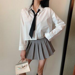 Long-sleeve Plain Shirt With Tie / High-waist Plain Pleated Mini Skirt
