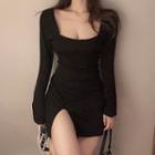 Side-slit Long-sleeve Mini Sheath Dress Black - One Size