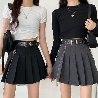 Set: Pleated Mini A-line Skirt + Chained Belt
