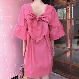 Plain Bow-accent Bell-sleeve Loose-fit A-line Dress