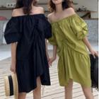 Off-shoulder Ruched Short-sleeve Mini A-line Dress