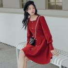 Puff-sleeve Square-neck Button-up Mini A-line Dress